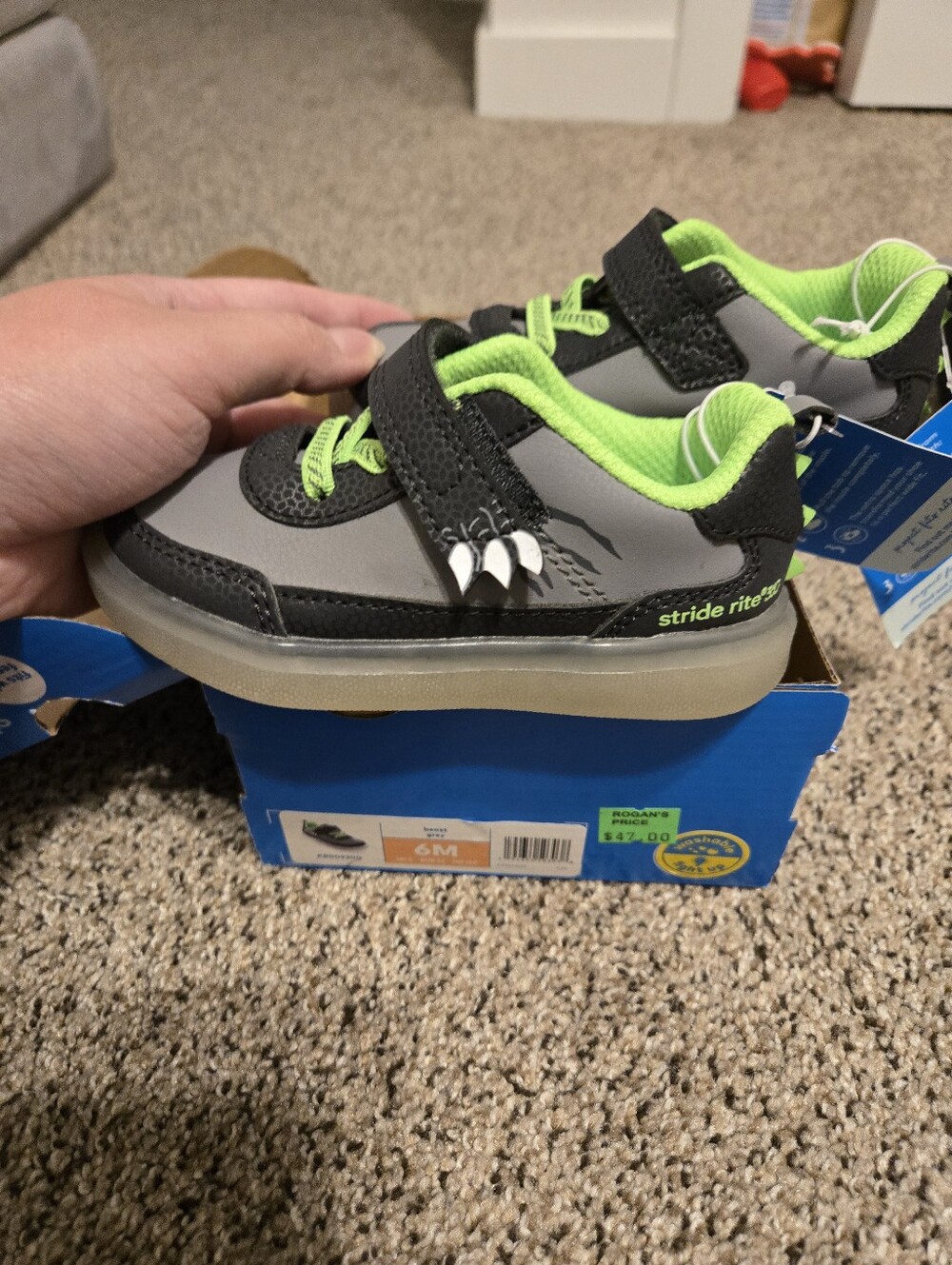 Stride Rite Gray and Neon Green Kids' Sneakers with Hook-and-Loop Straps